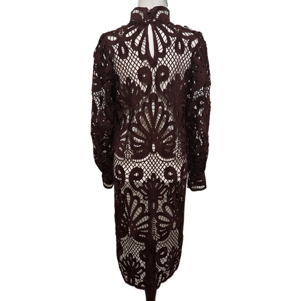 Boston Proper Chocolate Brown Crochet Lace High-Low Top Mock Neck Size Medium - Picture 6 of 13